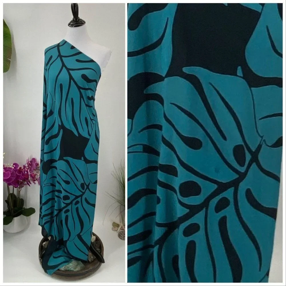 Black/Teal Monstera SARONG Pareo Lavalava Beach Skirt Summer Scarf - Picture 3 of 4